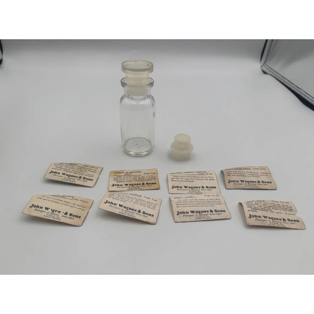 Vintage John Wagner & Sons Glass Spice Jars Apothecary Bottles Set of 11 Labels